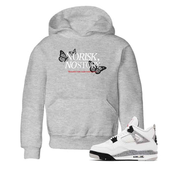 No Risk No Story baby and kids t-shirt crafted for little sneakerheads to shine with the Air Jordan 4 White Cement sneakers, displayed in Heather Grey 1.