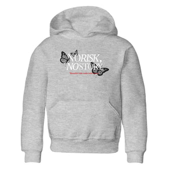 No Risk No Story baby and kids t-shirt crafted for little sneakerheads to shine with the Air Jordan 4 White Cement sneakers, displayed in Heather Grey 2.