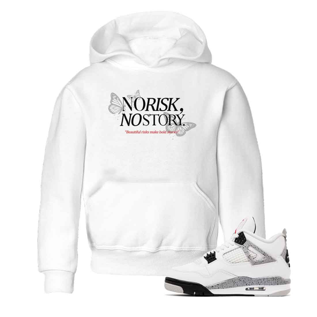 No Risk No Story baby and kids t-shirt crafted for little sneakerheads to shine with the Air Jordan 4 White Cement sneakers, displayed in White 1.