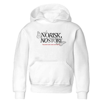 No Risk No Story baby and kids t-shirt crafted for little sneakerheads to shine with the Air Jordan 4 White Cement sneakers, displayed in White 2.