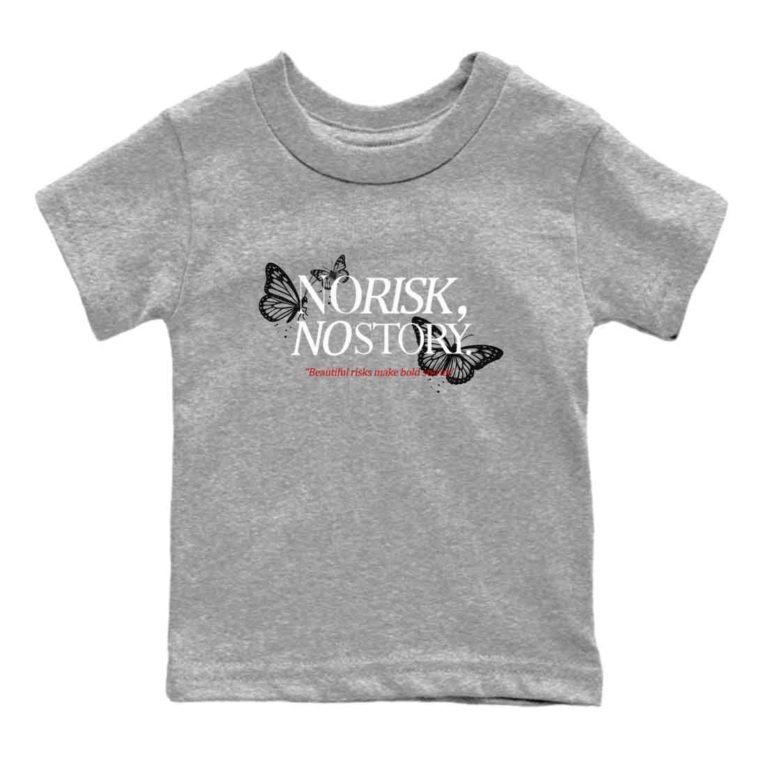 No Risk No Story baby and kids t-shirt crafted for little sneakerheads to shine with the Air Jordan 4 White Cement sneakers, displayed in Heather Grey 2.