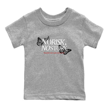 No Risk No Story baby and kids t-shirt crafted for little sneakerheads to shine with the Air Jordan 4 White Cement sneakers, displayed in Heather Grey 2.