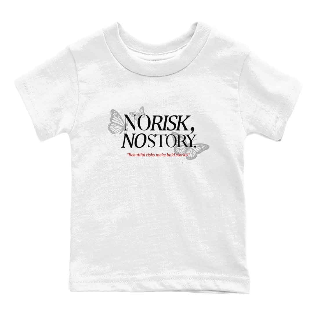 No Risk No Story baby and kids t-shirt crafted for little sneakerheads to shine with the Air Jordan 4 White Cement sneakers, displayed in White 2.