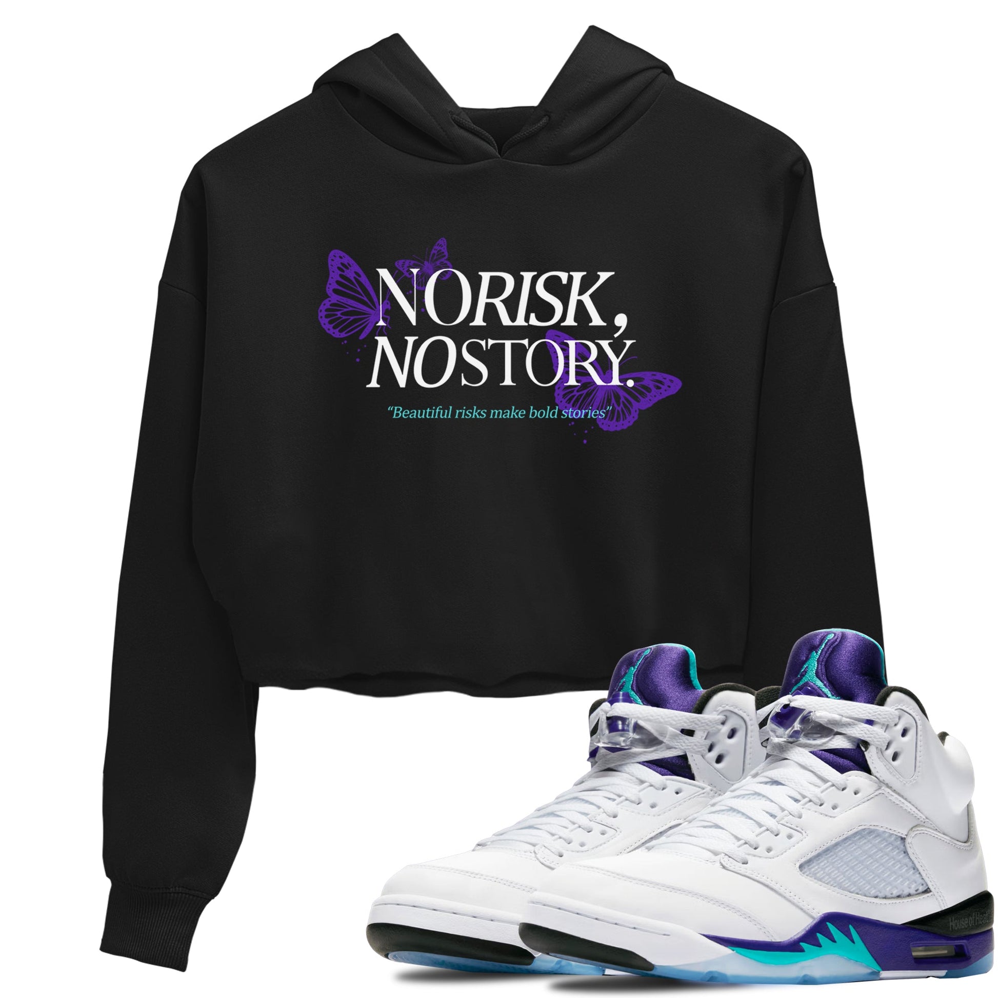 No Risk No Story womens crop tee made to vibe with the Air Jordan 5 Grape sneakers — the perfect match in Black 1.