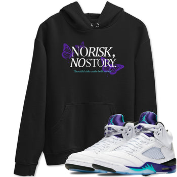 No Risk No Story sneaker match t-shirt styled to complete your fit with the Air Jordan 5 Grape sneakers, shown in Black 1.