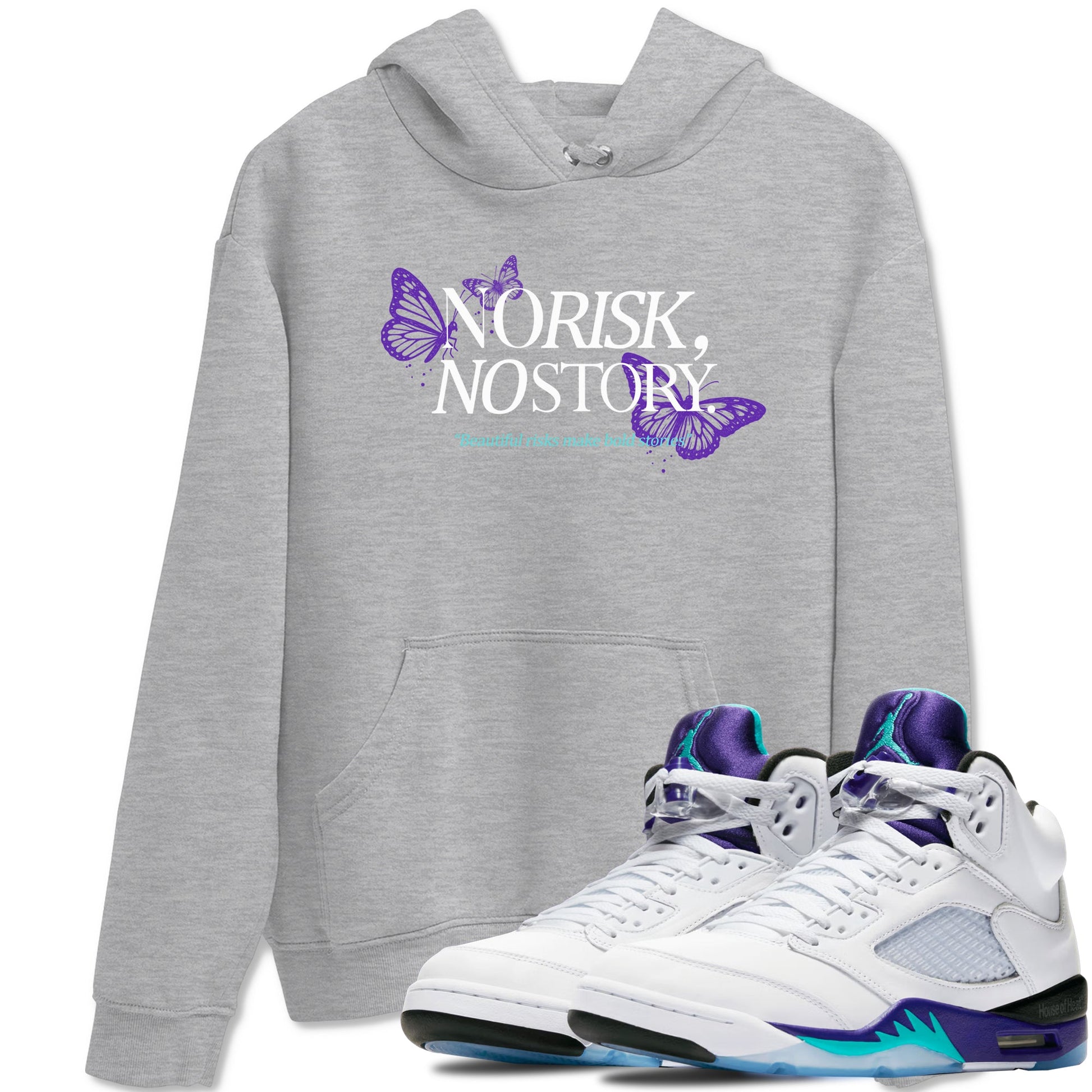 No Risk No Story sneaker match t-shirt styled to complete your fit with the Air Jordan 5 Grape sneakers, shown in Heather Grey 1.