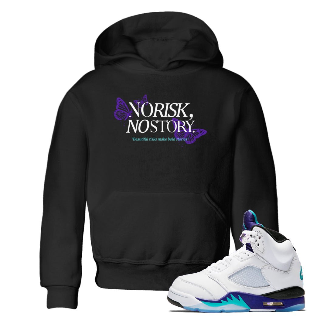 No Risk No Story baby and kids t-shirt crafted for little sneakerheads to shine with the Air Jordan 5 Grape sneakers, displayed in Black 1.