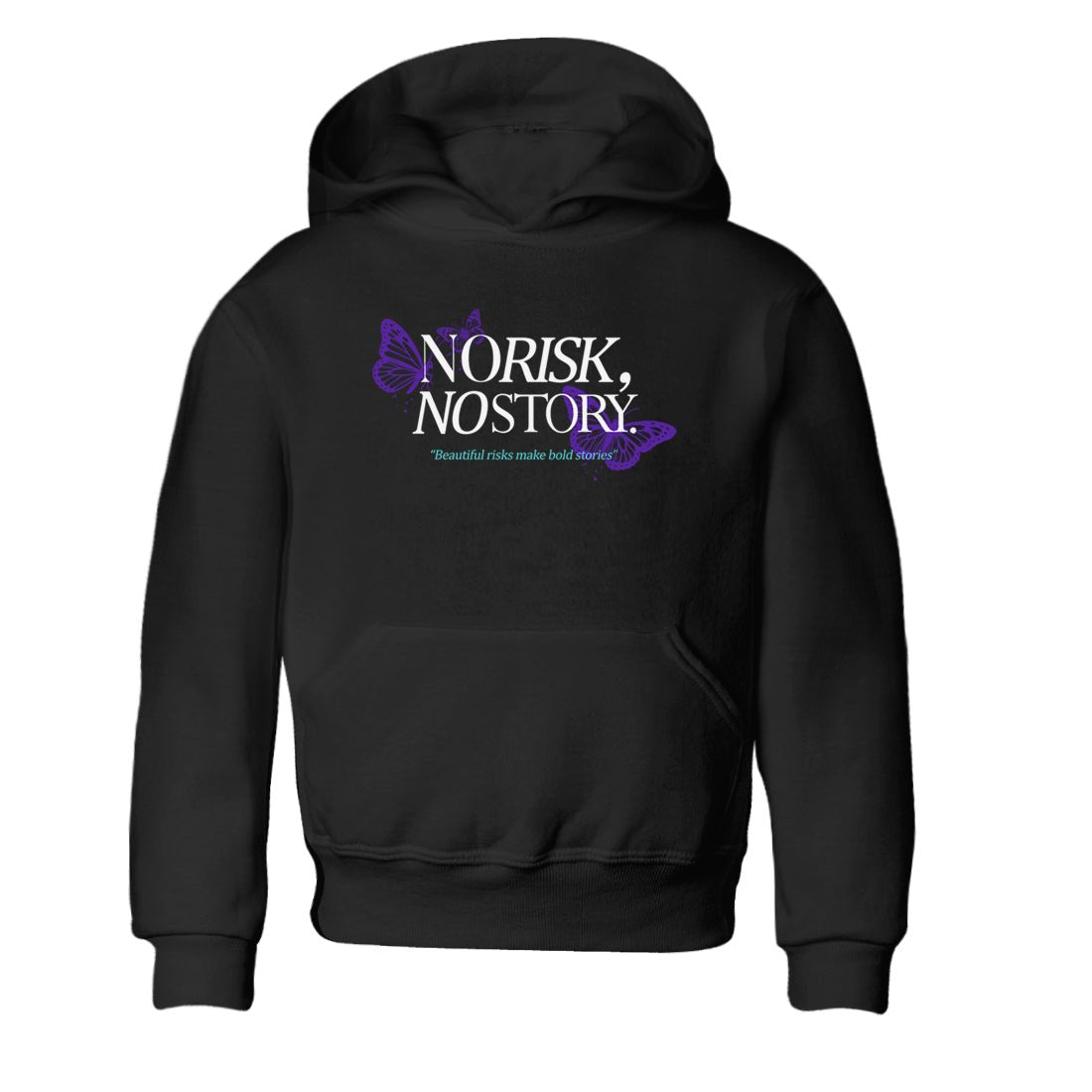 No Risk No Story baby and kids t-shirt crafted for little sneakerheads to shine with the Air Jordan 5 Grape sneakers, displayed in Black 2.