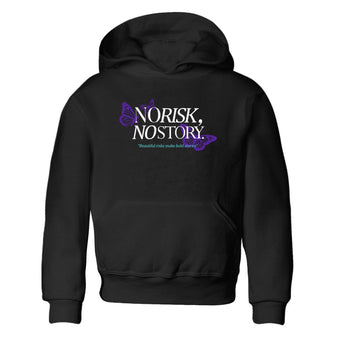 No Risk No Story baby and kids t-shirt crafted for little sneakerheads to shine with the Air Jordan 5 Grape sneakers, displayed in Black 2.