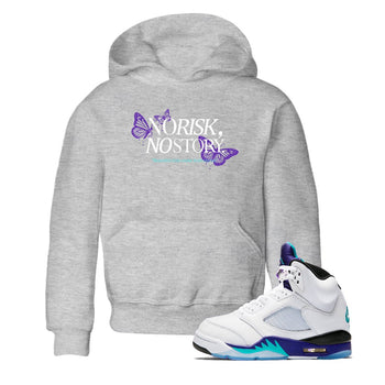 No Risk No Story baby and kids t-shirt crafted for little sneakerheads to shine with the Air Jordan 5 Grape sneakers, displayed in Heather Grey 1.