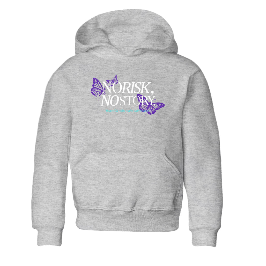 No Risk No Story baby and kids t-shirt crafted for little sneakerheads to shine with the Air Jordan 5 Grape sneakers, displayed in Heather Grey 2.