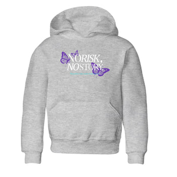 No Risk No Story baby and kids t-shirt crafted for little sneakerheads to shine with the Air Jordan 5 Grape sneakers, displayed in Heather Grey 2.