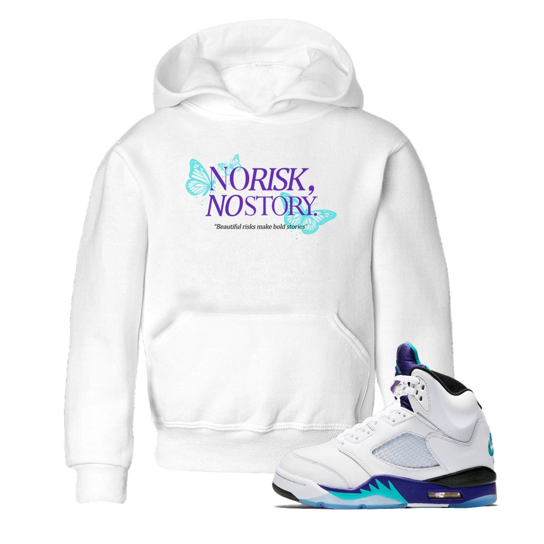 No Risk No Story baby and kids t-shirt crafted for little sneakerheads to shine with the Air Jordan 5 Grape sneakers, displayed in White 1.