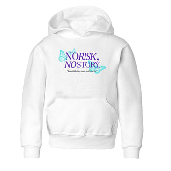 No Risk No Story baby and kids t-shirt crafted for little sneakerheads to shine with the Air Jordan 5 Grape sneakers, displayed in White 2.