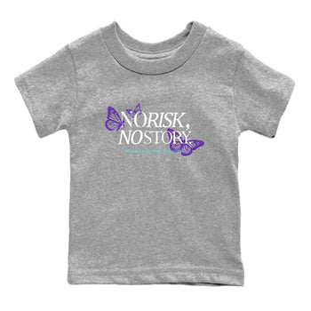 No Risk No Story baby and kids t-shirt crafted for little sneakerheads to shine with the Air Jordan 5 Grape sneakers, displayed in Heather Grey 2.