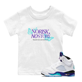 No Risk No Story baby and kids t-shirt crafted for little sneakerheads to shine with the Air Jordan 5 Grape sneakers, displayed in White 1.