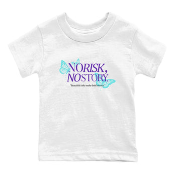 No Risk No Story baby and kids t-shirt crafted for little sneakerheads to shine with the Air Jordan 5 Grape sneakers, displayed in White 2.