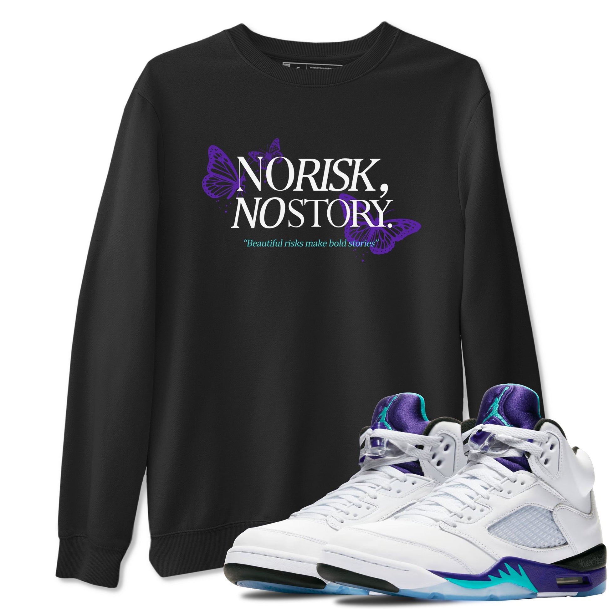 No Risk No Story sneaker match t-shirt styled to complete your fit with the Air Jordan 5 Grape sneakers, shown in Black 1.