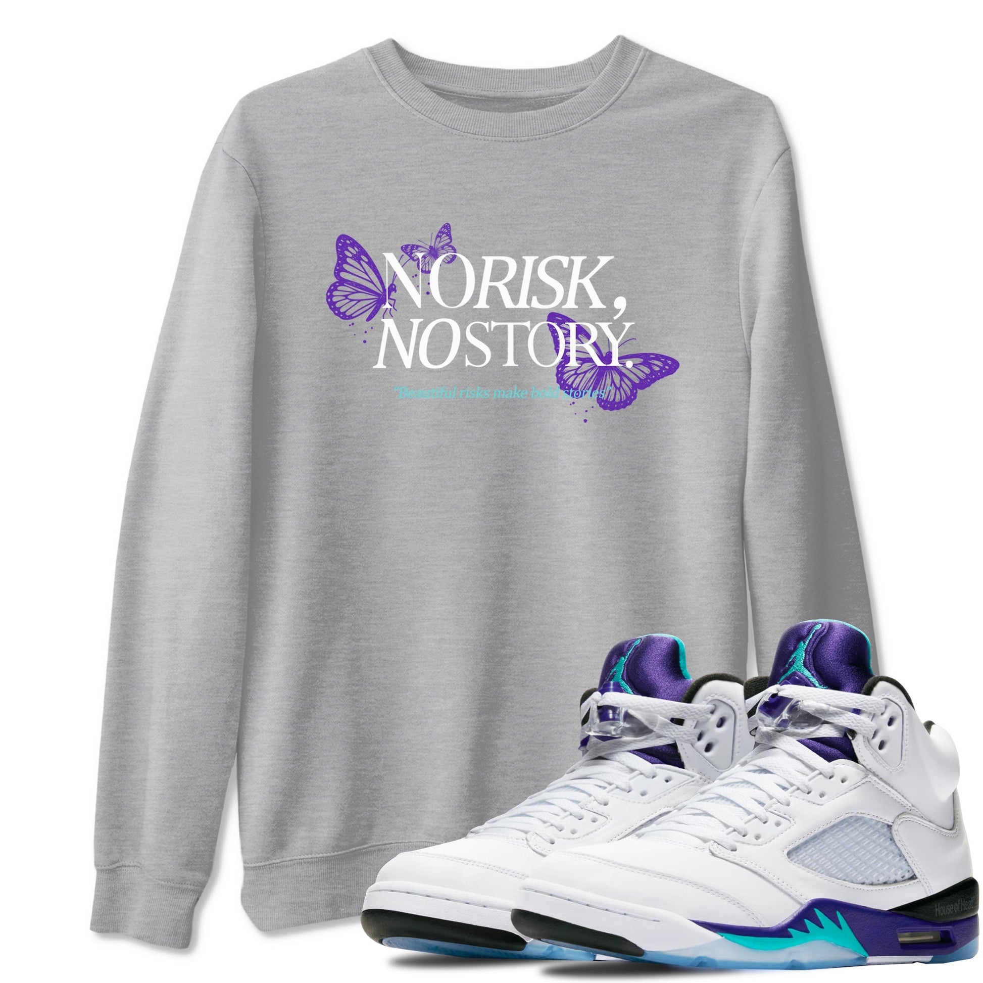 No Risk No Story sneaker match t-shirt styled to complete your fit with the Air Jordan 5 Grape sneakers, shown in Heather Grey 1.