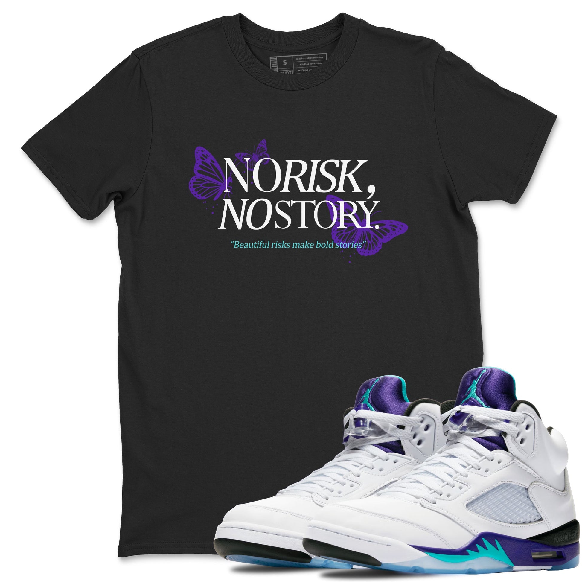 No Risk No Story sneaker match t-shirt styled to complete your fit with the Air Jordan 5 Grape sneakers, shown in Black 1.