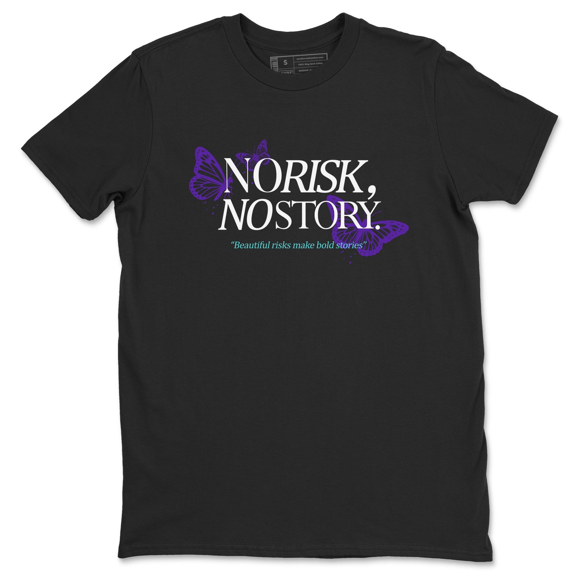 No Risk No Story sneaker match t-shirt styled to complete your fit with the Air Jordan 5 Grape sneakers, shown in Black 2.