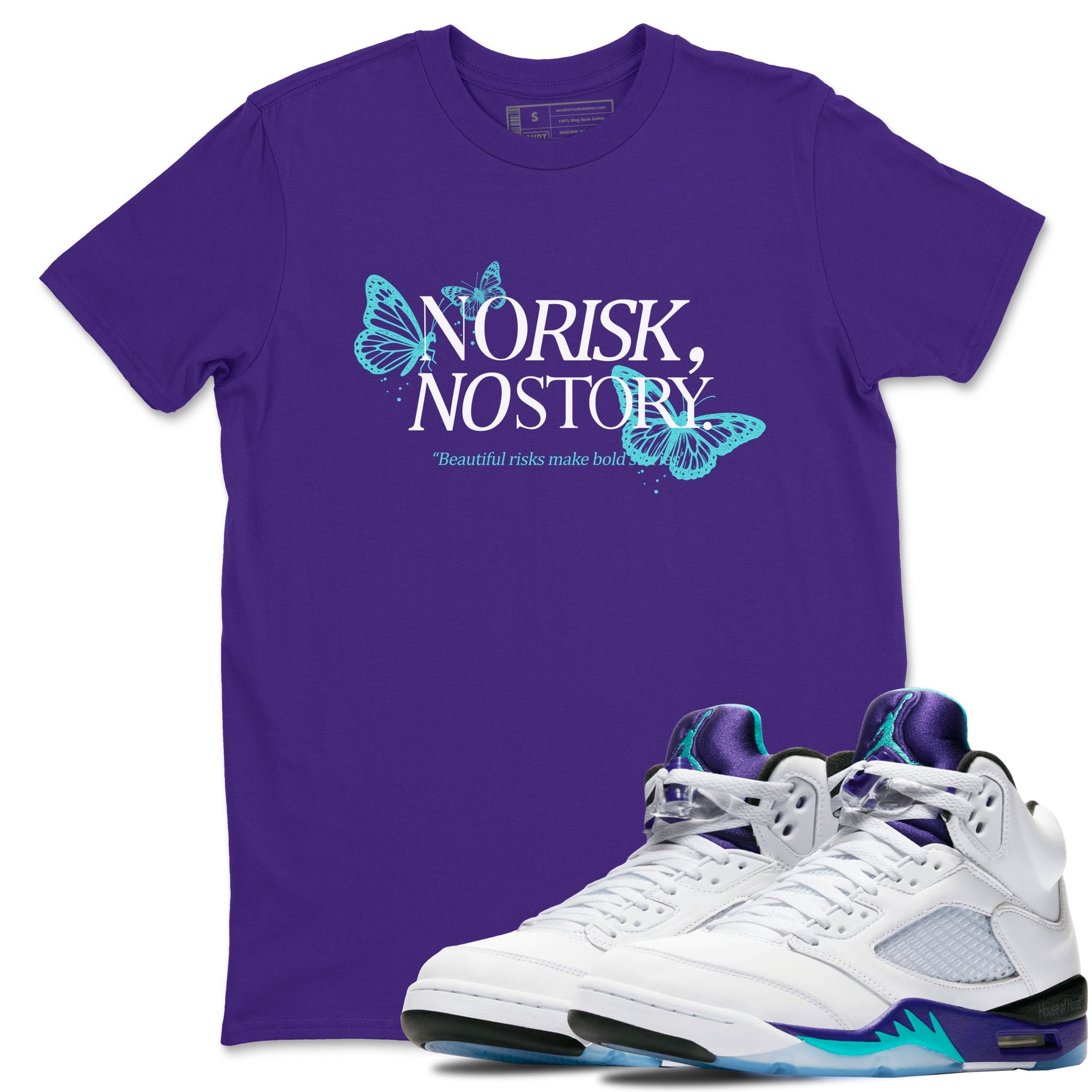 No Risk No Story sneaker match t-shirt styled to complete your fit with the Air Jordan 5 Grape sneakers, shown in Purple 1.