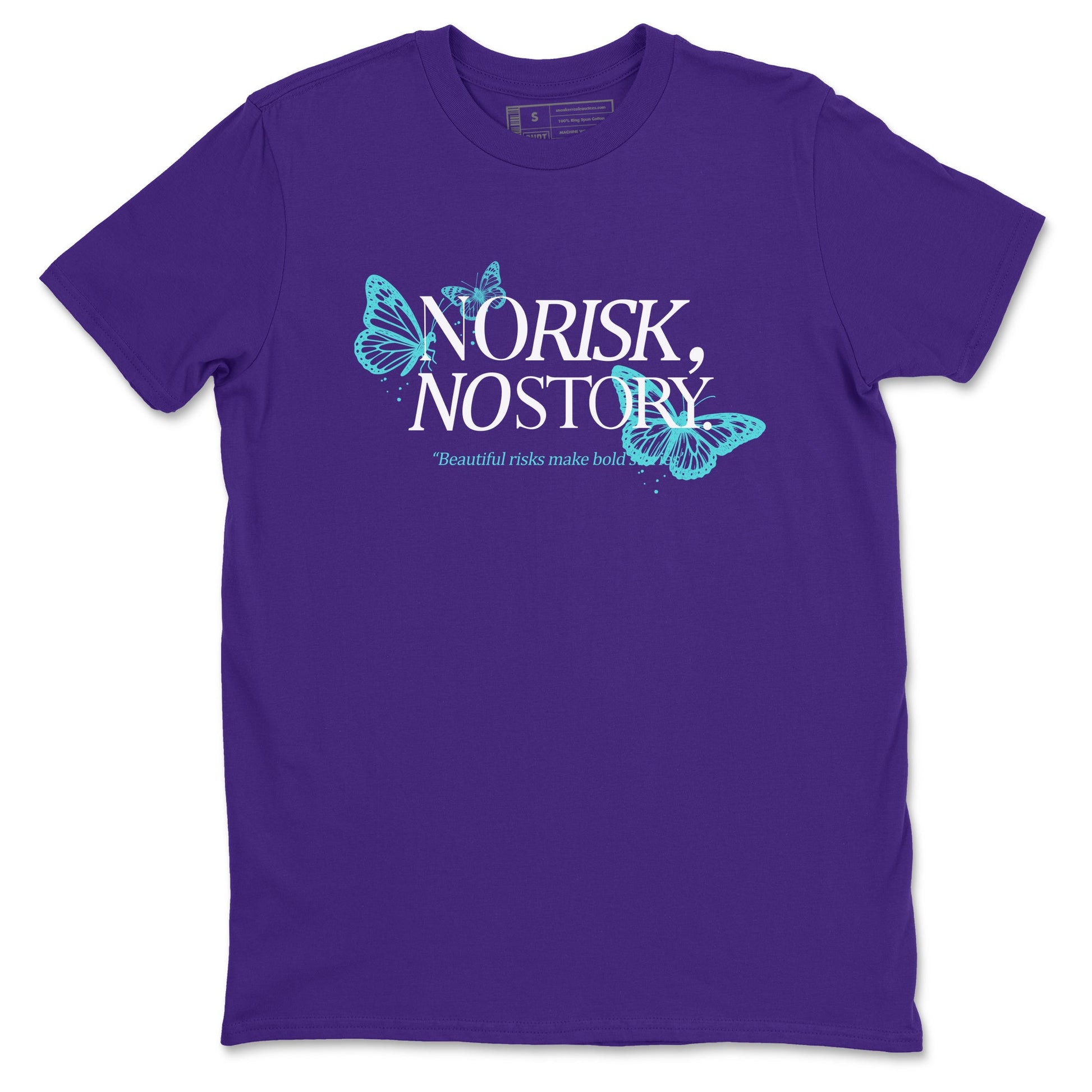 No Risk No Story sneaker match t-shirt styled to complete your fit with the Air Jordan 5 Grape sneakers, shown in Purple 2.