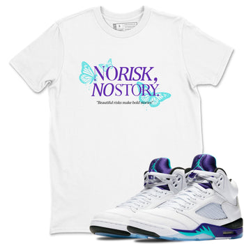 No Risk No Story sneaker match t-shirt styled to complete your fit with the Air Jordan 5 Grape sneakers, shown in White 1.