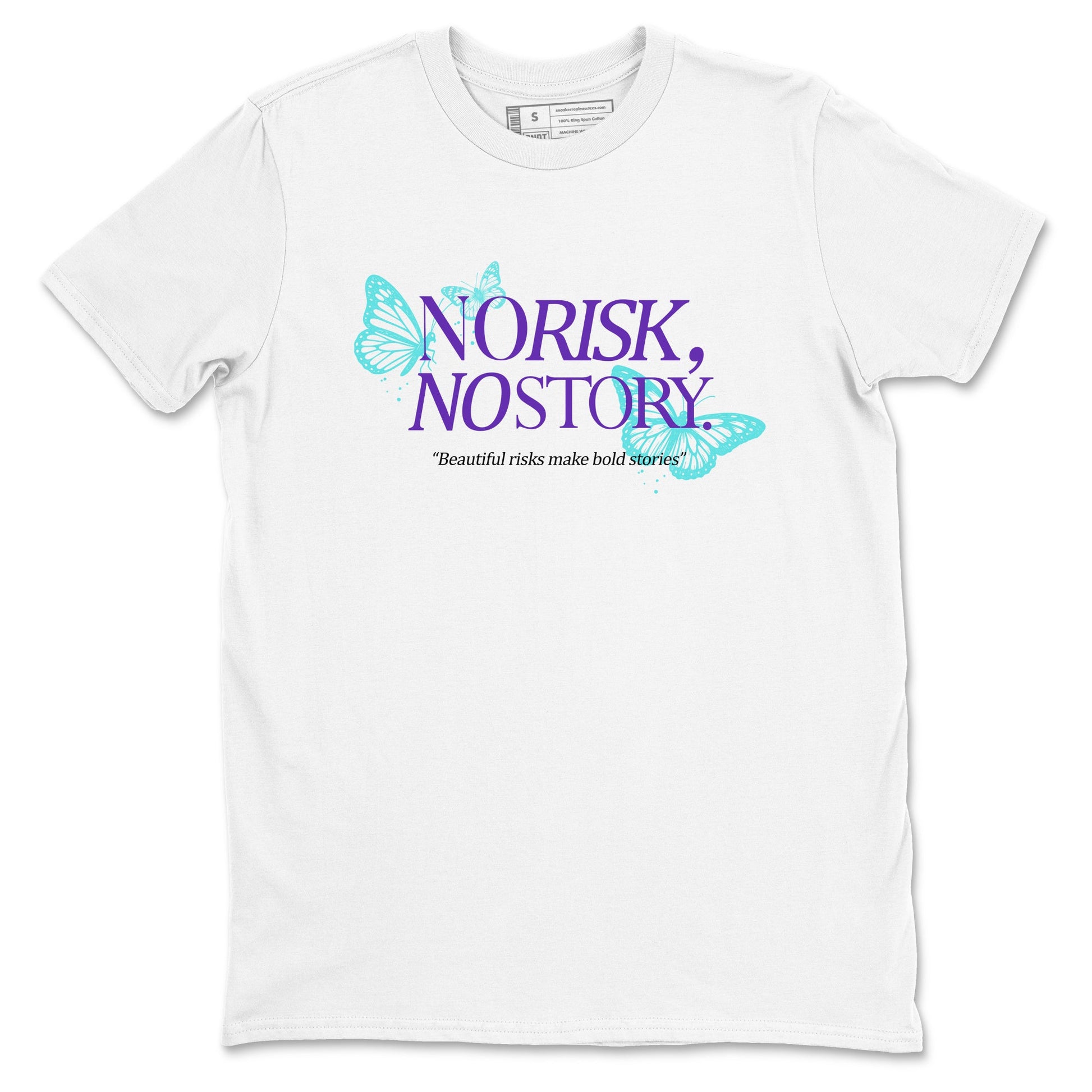 No Risk No Story sneaker match t-shirt styled to complete your fit with the Air Jordan 5 Grape sneakers, shown in White 2.