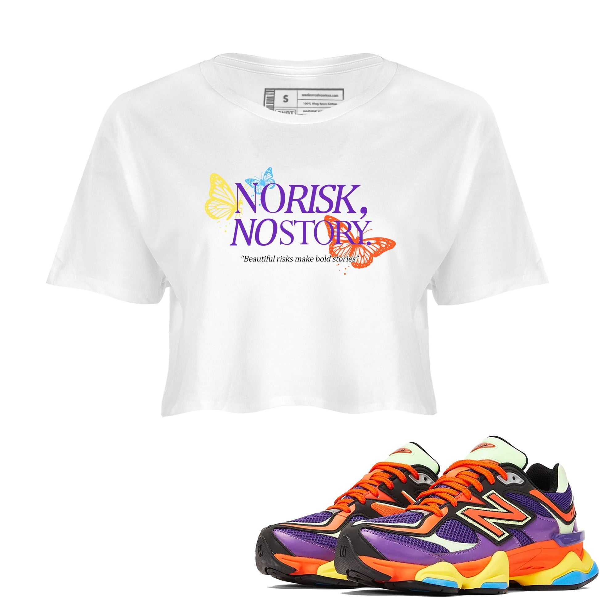 Sneaker Threads – Sneaker Tees To Match New Balance 9060 Prism Purple – No Risk No Story Crop Tee White 1. Perfect for Jordan releases 2025 colorways.