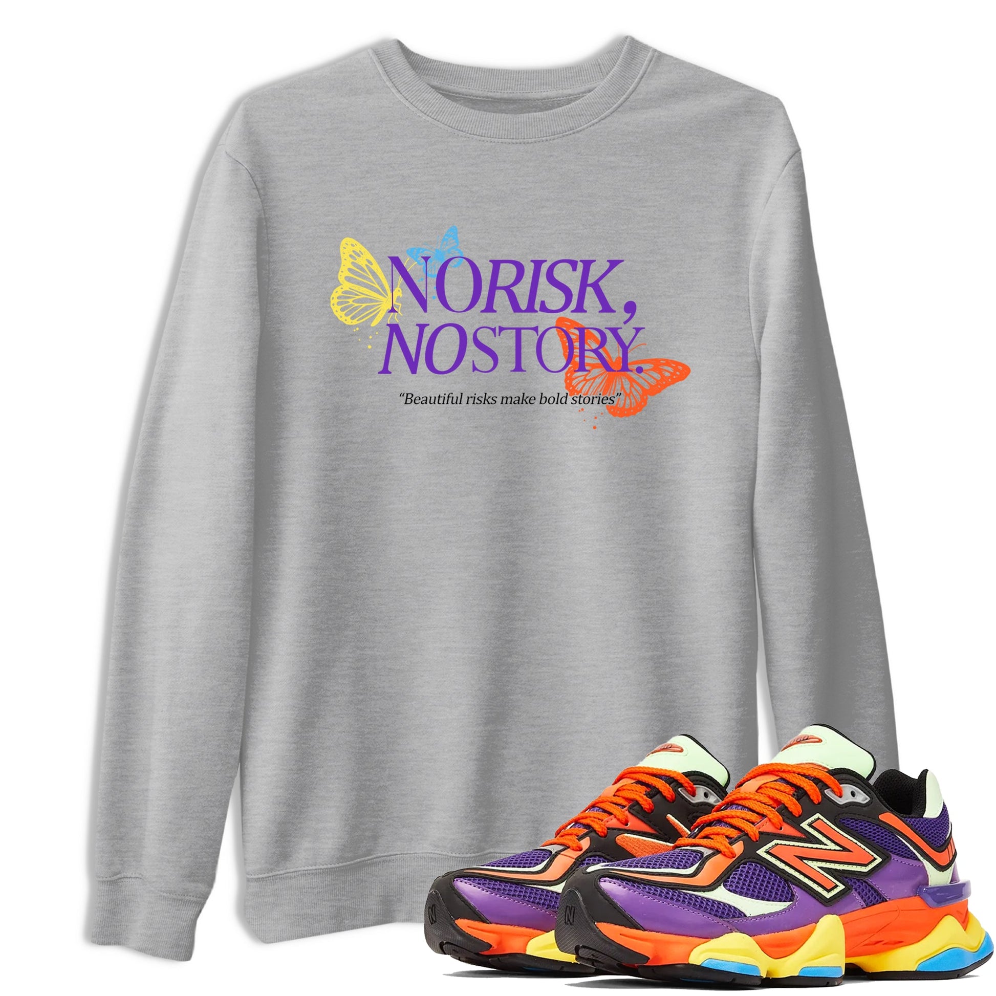 Sneaker Threads – Sneaker Tees To Match New Balance 9060 Prism Purple – No Risk No Story Graphic Tee Heather Grey 1. Perfect for Jordan releases 2025 colorways.