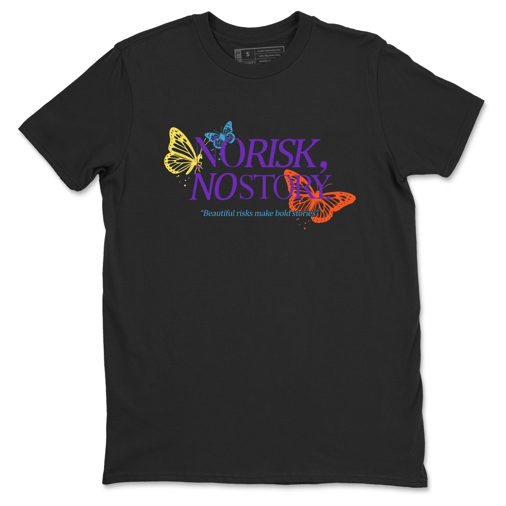Sneaker Threads – Sneaker Tees To Match New Balance 9060 Prism Purple – No Risk No Story Graphic Tee Black 2. Perfect for Jordan releases 2025 colorways.