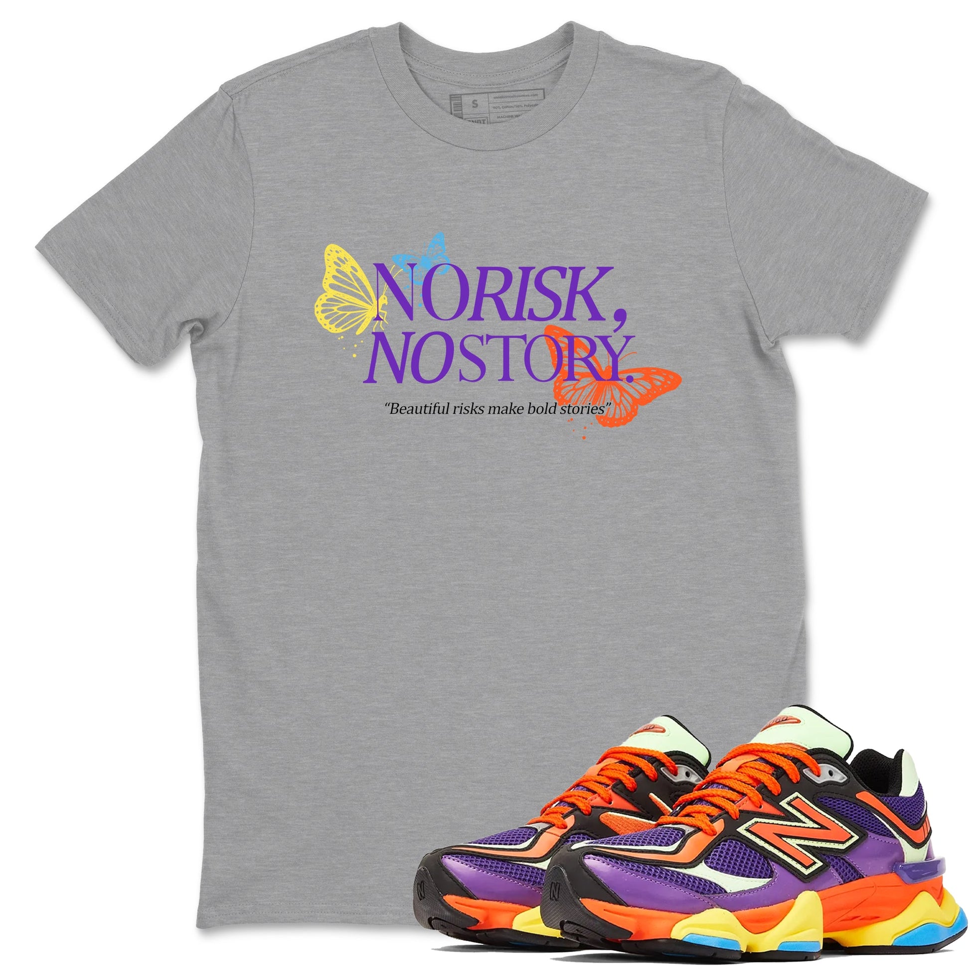 Sneaker Threads – Sneaker Tees To Match New Balance 9060 Prism Purple – No Risk No Story Graphic Tee Heather Grey 1. Perfect for Jordan releases 2025 colorways.