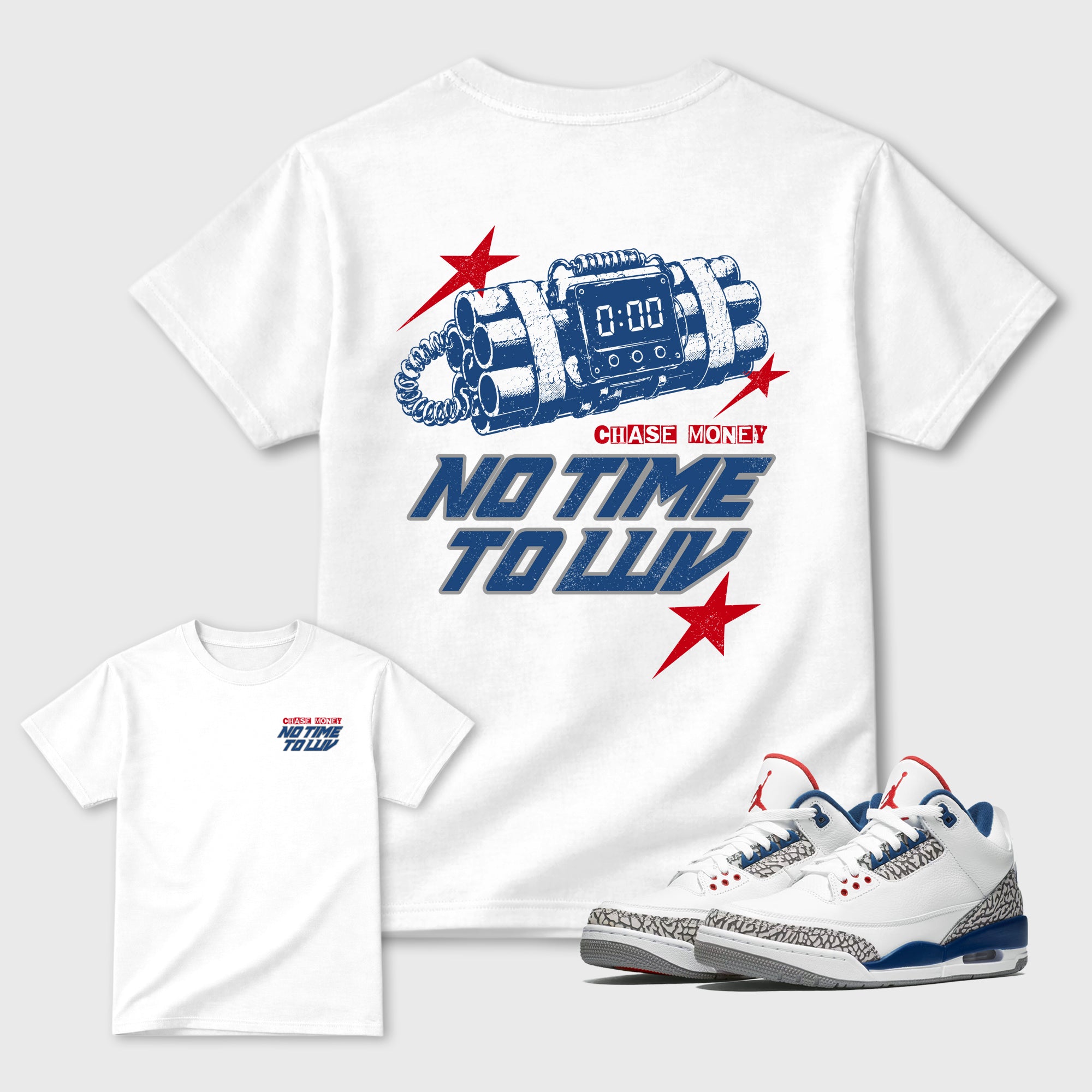 No Time To Love Graphic T-Shirt featuring original streetwear artwork designed to match the Air Jordan 3 True Blue. White Graphic T-Shirt.