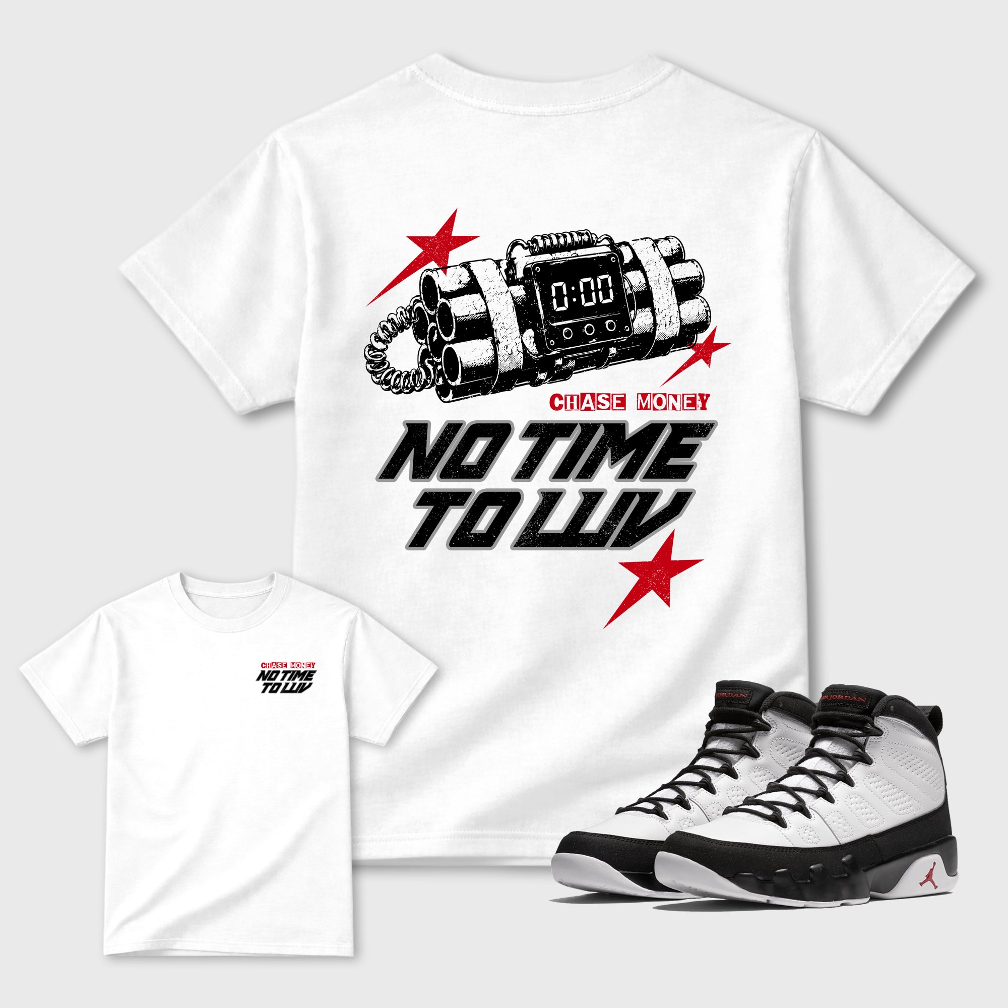 No Time To Love Graphic T-Shirt featuring original streetwear artwork designed to match the Air Jordan 9 True Red. White Graphic T-Shirt.