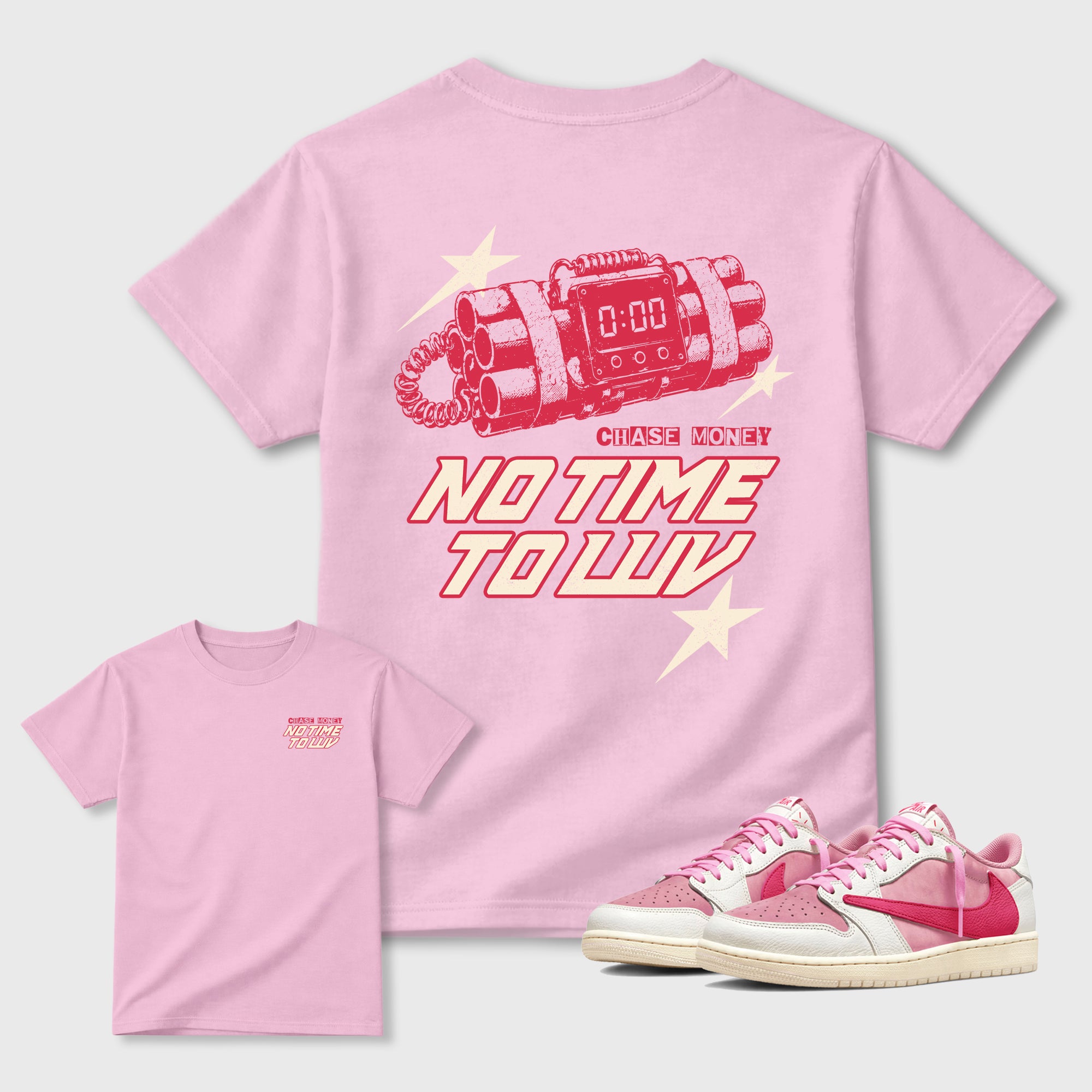 No Time To Luv Graphic T-Shirt featuring original streetwear artwork designed to match the . Pink Graphic T-Shirt.