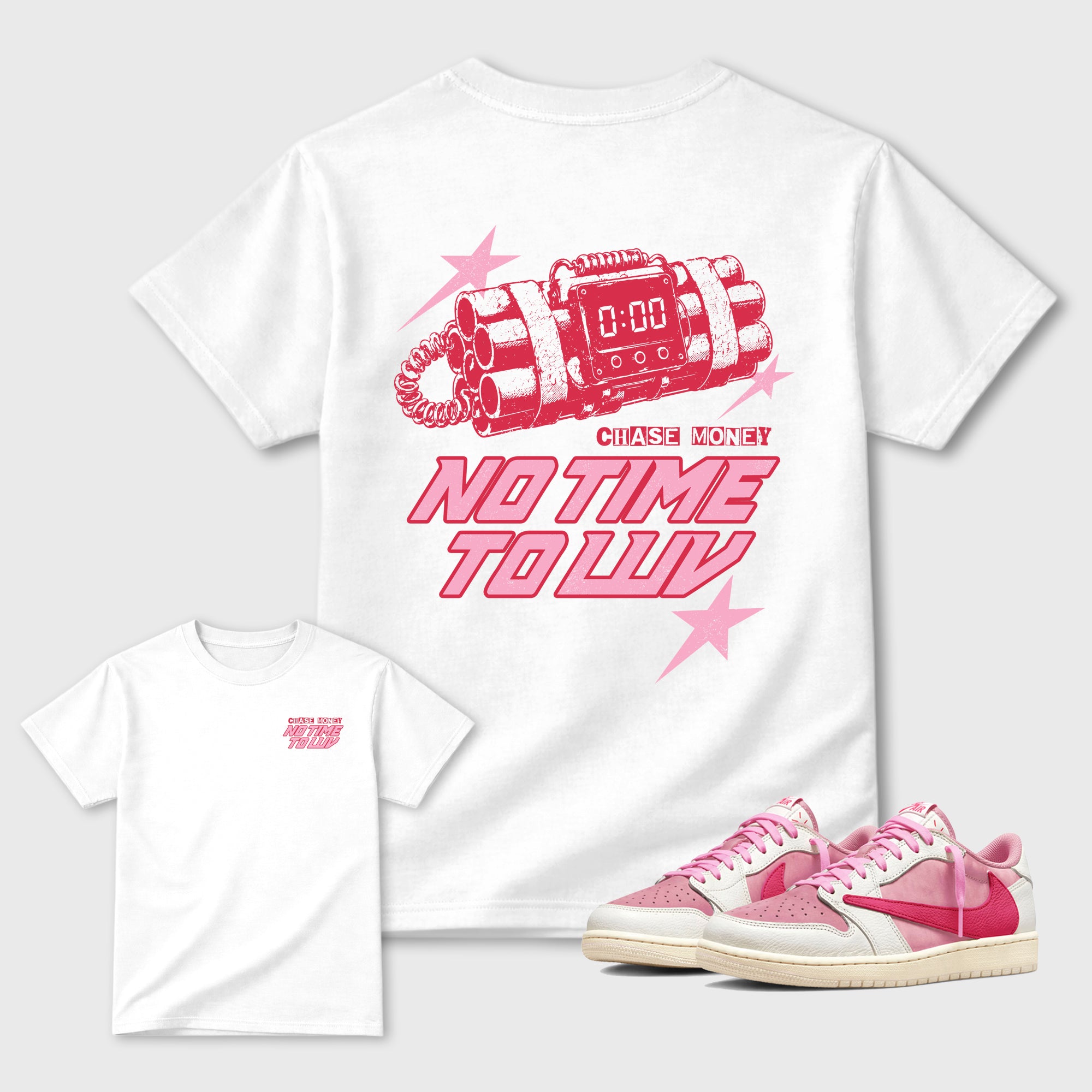 No Time To Luv Graphic T-Shirt featuring original streetwear artwork designed to match the Air Jordan 1 Travis Scott Tropical Pink. White Graphic T-Shirt.
