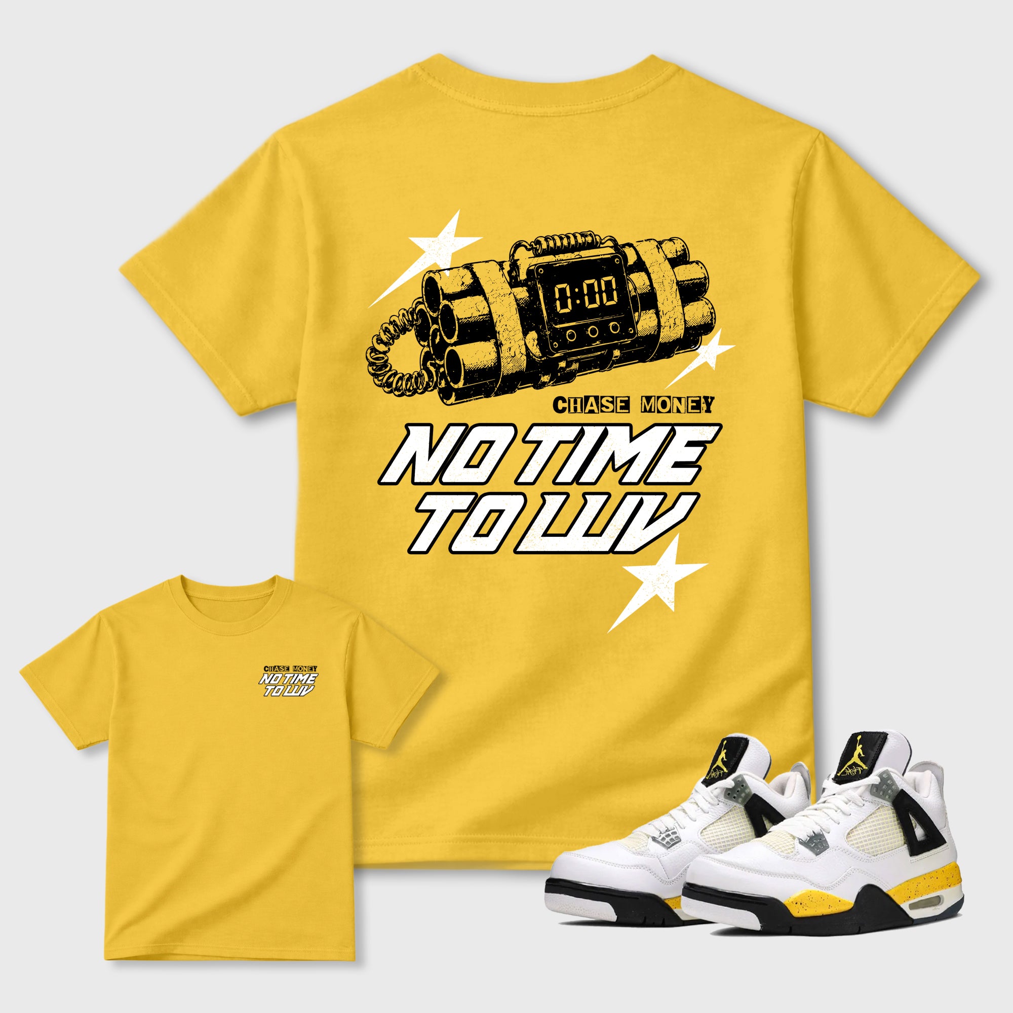 No Time To Luv Graphic T-Shirt made to match Air Jordan 4 Tour Yellow sneakers in White, Tour Yellow, Black and Dark Blue Grey for a coordinated sneaker outfit. a sneaker matching shirt for a coordinated sneaker outfit.