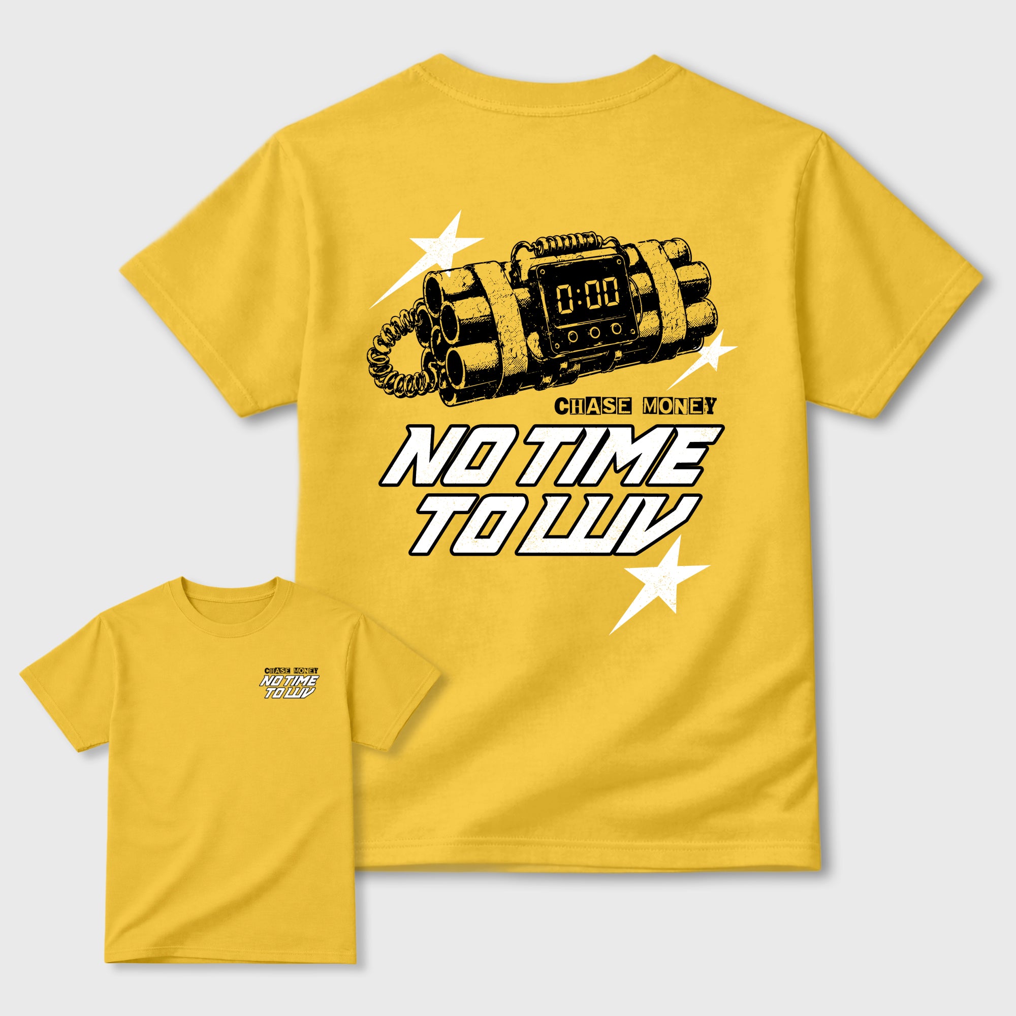 No Time To Luv Graphic T-Shirt made to match Air Jordan 4 Tour Yellow sneakers in White, Tour Yellow, Black and Dark Blue Grey for a coordinated sneaker outfit. a sneaker matching shirt for a coordinated sneaker outfit.
