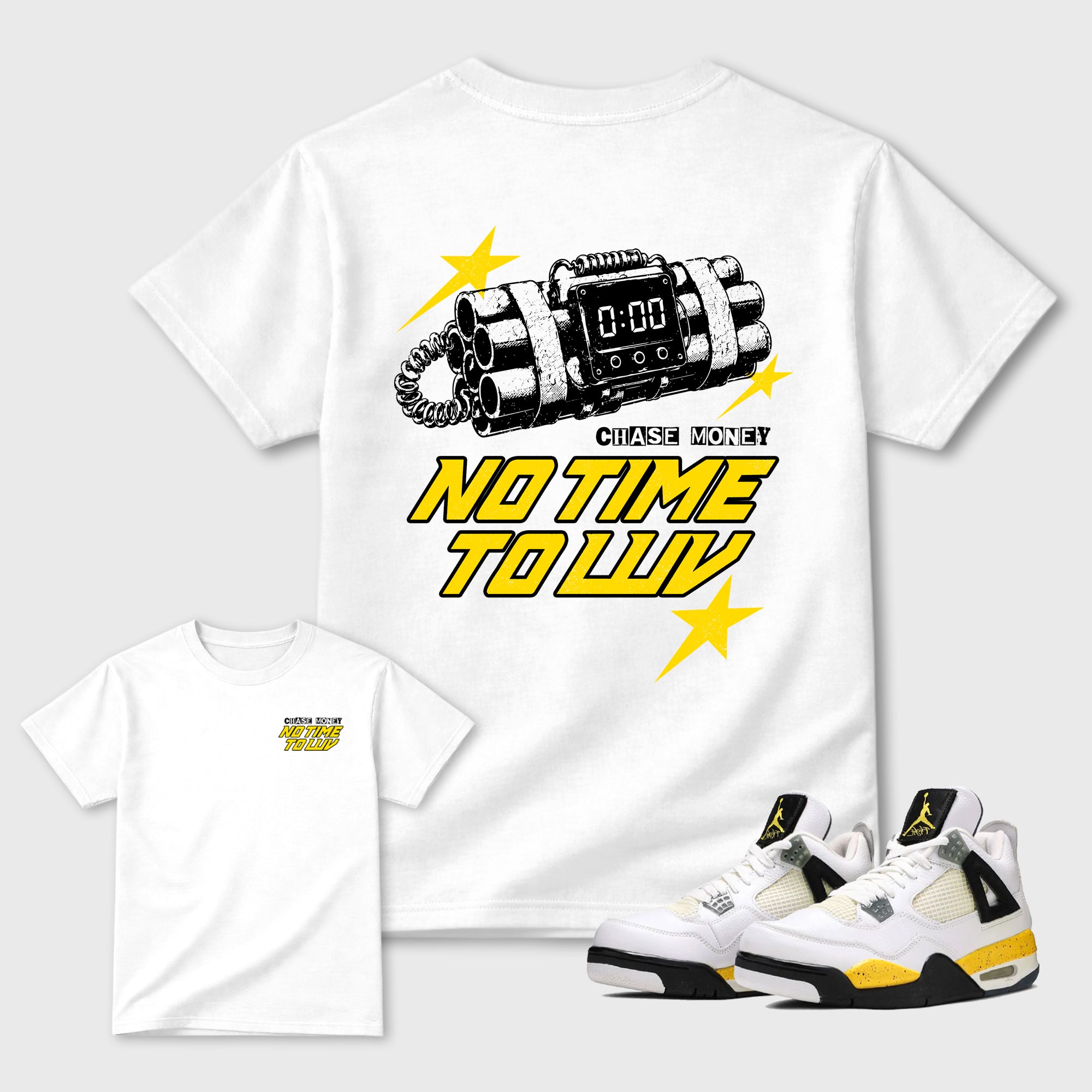 No Time To Luv Graphic T-Shirt made to match Air Jordan 4 Tour Yellow sneakers in White, Tour Yellow, Black and Dark Blue Grey for a coordinated sneaker outfit. a sneaker matching shirt for a coordinated sneaker outfit.
