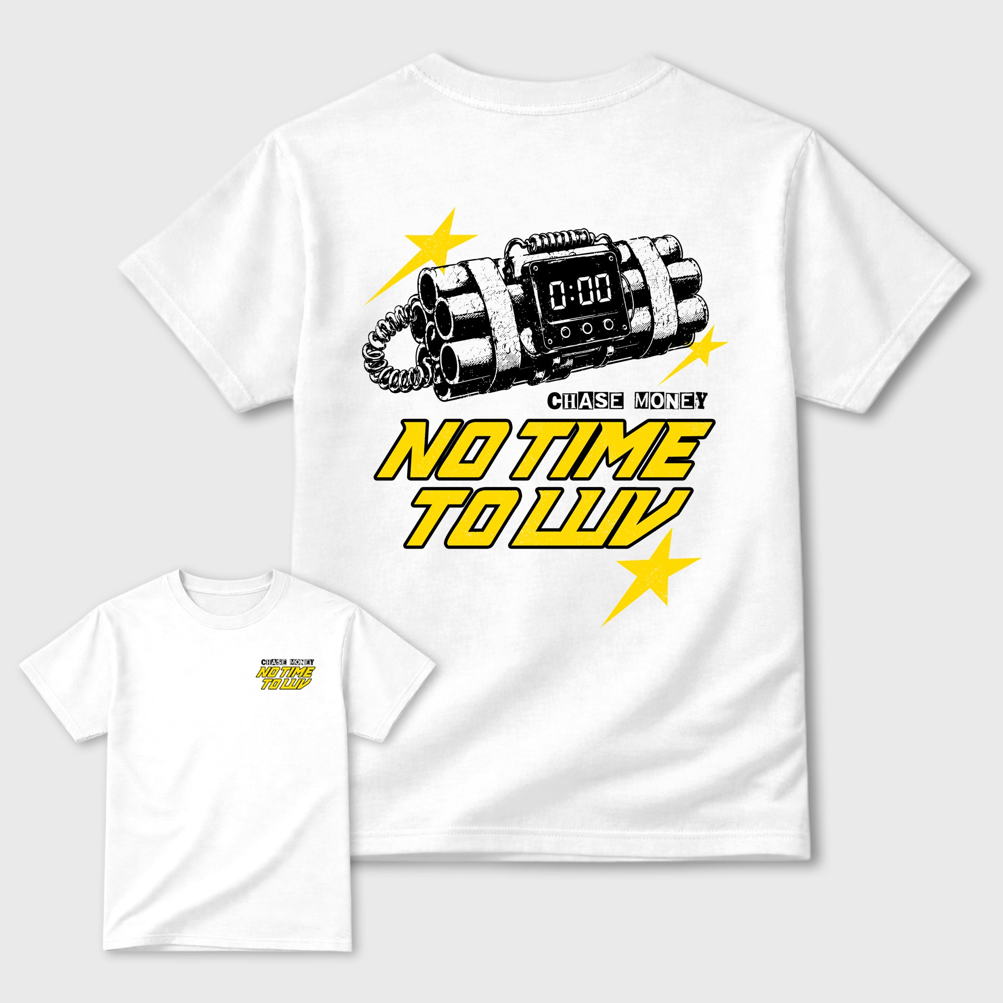 No Time To Luv Graphic T-Shirt made to match Air Jordan 4 Tour Yellow sneakers in White, Tour Yellow, Black and Dark Blue Grey for a coordinated sneaker outfit. a sneaker matching shirt for a coordinated sneaker outfit.