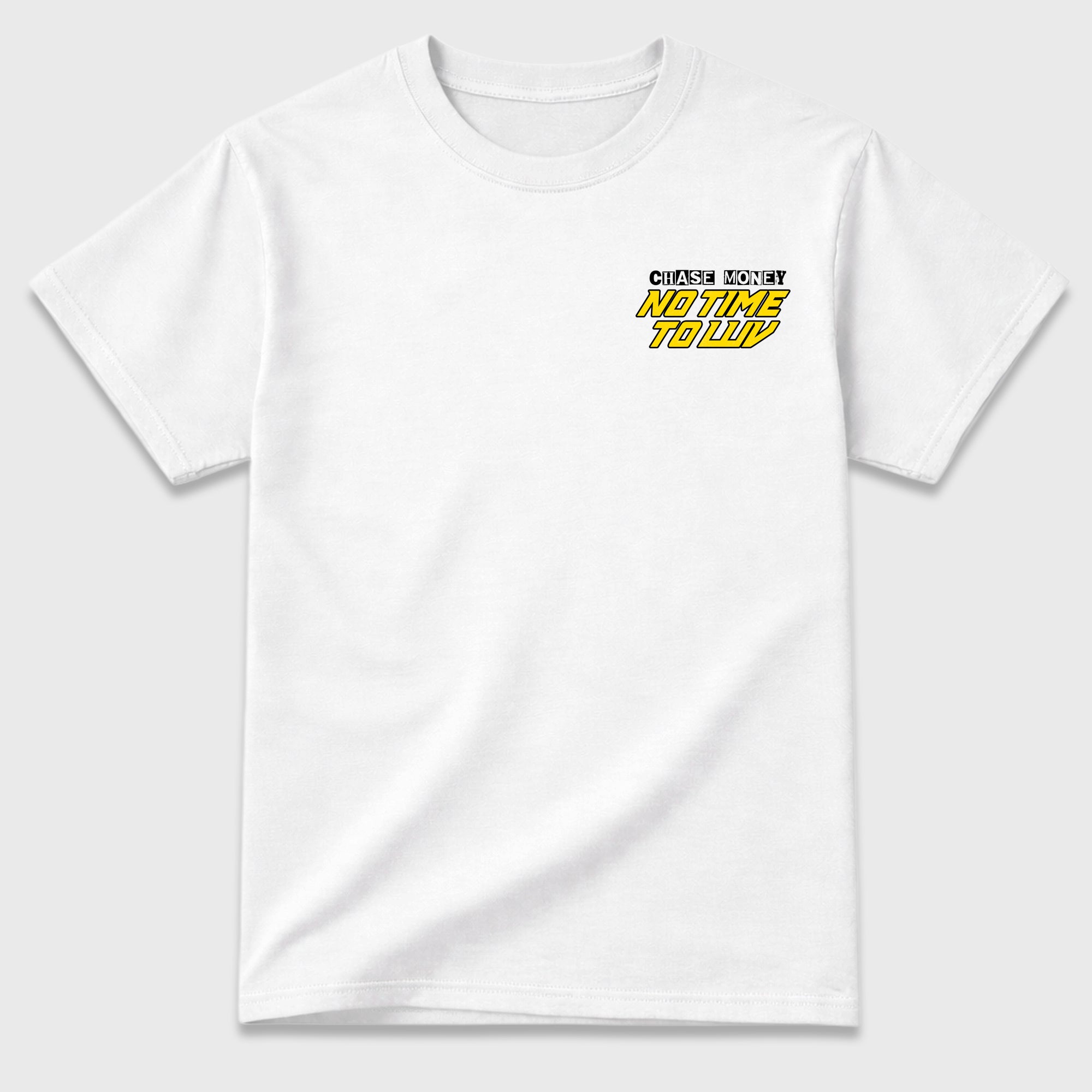 No Time To Luv Graphic T-Shirt made to match Air Jordan 4 Tour Yellow sneakers in White, Tour Yellow, Black and Dark Blue Grey for a coordinated sneaker outfit. a sneaker matching shirt for a coordinated sneaker outfit.