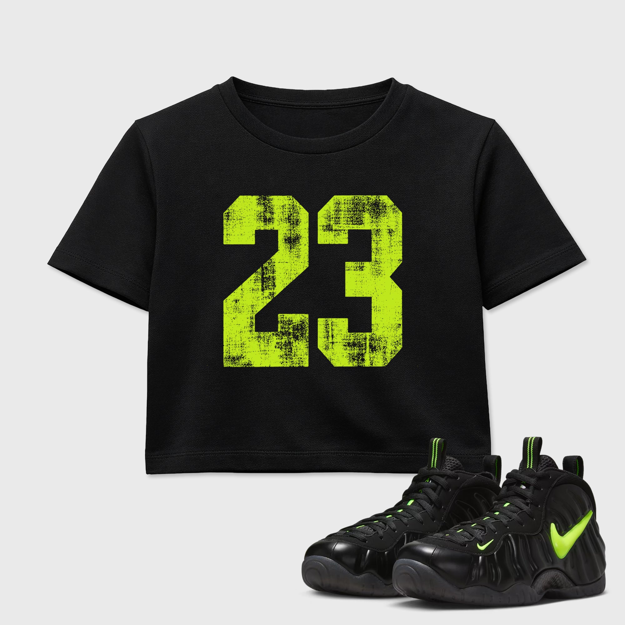 Sneaker match tees – Sneaker Tees To Match Air Foamposite Pro Black Shoes – No.23 Crop T-Shirt Black 1