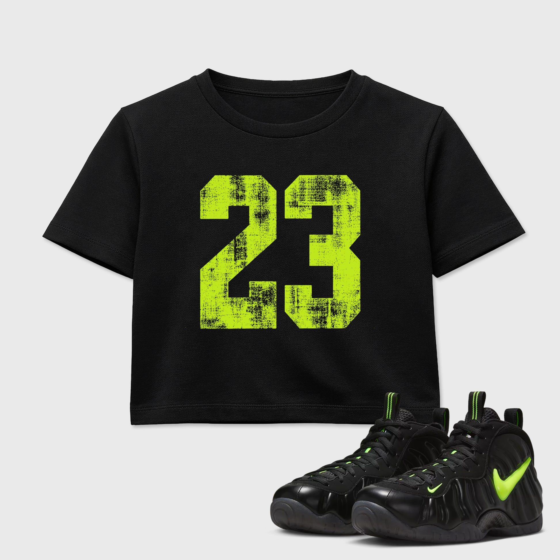Sneaker match tees – Sneaker Tees To Match Air Foamposite Pro Black Shoes – No.23 Crop T-Shirt Black 1