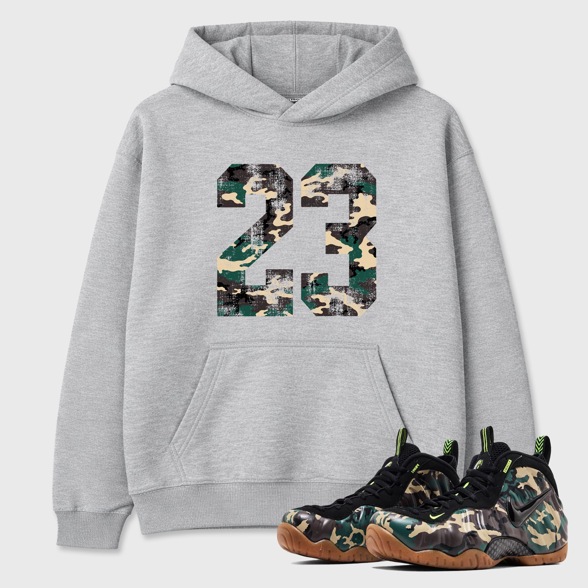 No.23 Graphic T-Shirt featuring original streetwear artwork designed to match the Air Foamposite Pro Green Camo. Heather Grey 1 Graphic Tee.