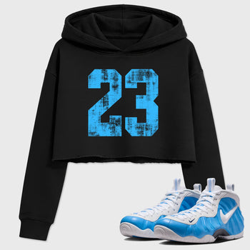 Sneaker match tees – Sneaker Tees To Match Air Foamposite Pro University Blue Shoes – No.23 Crop T-Shirt Black 1