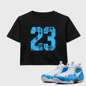 Sneaker match tees – Sneaker Tees To Match Air Foamposite Pro University Blue Shoes – No.23 Crop T-Shirt Black 1