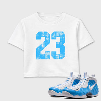 Sneaker match tees – Sneaker Tees To Match Air Foamposite Pro University Blue Shoes – No.23 Crop T-Shirt White 1