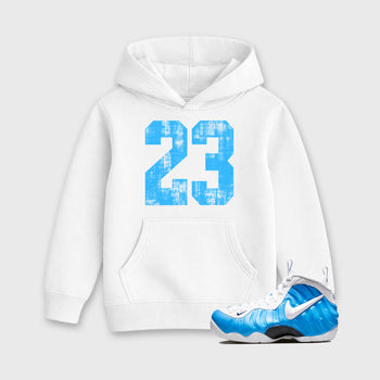 Sneaker match tees – Sneaker Tees To Match Air Foamposite Pro University Blue Shoes – No.23 Kids T-Shirt White 1