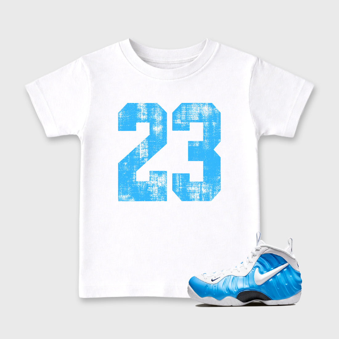 Sneaker match tees – Sneaker Tees To Match Air Foamposite Pro University Blue Shoes – No.23 Kids T-Shirt White 1